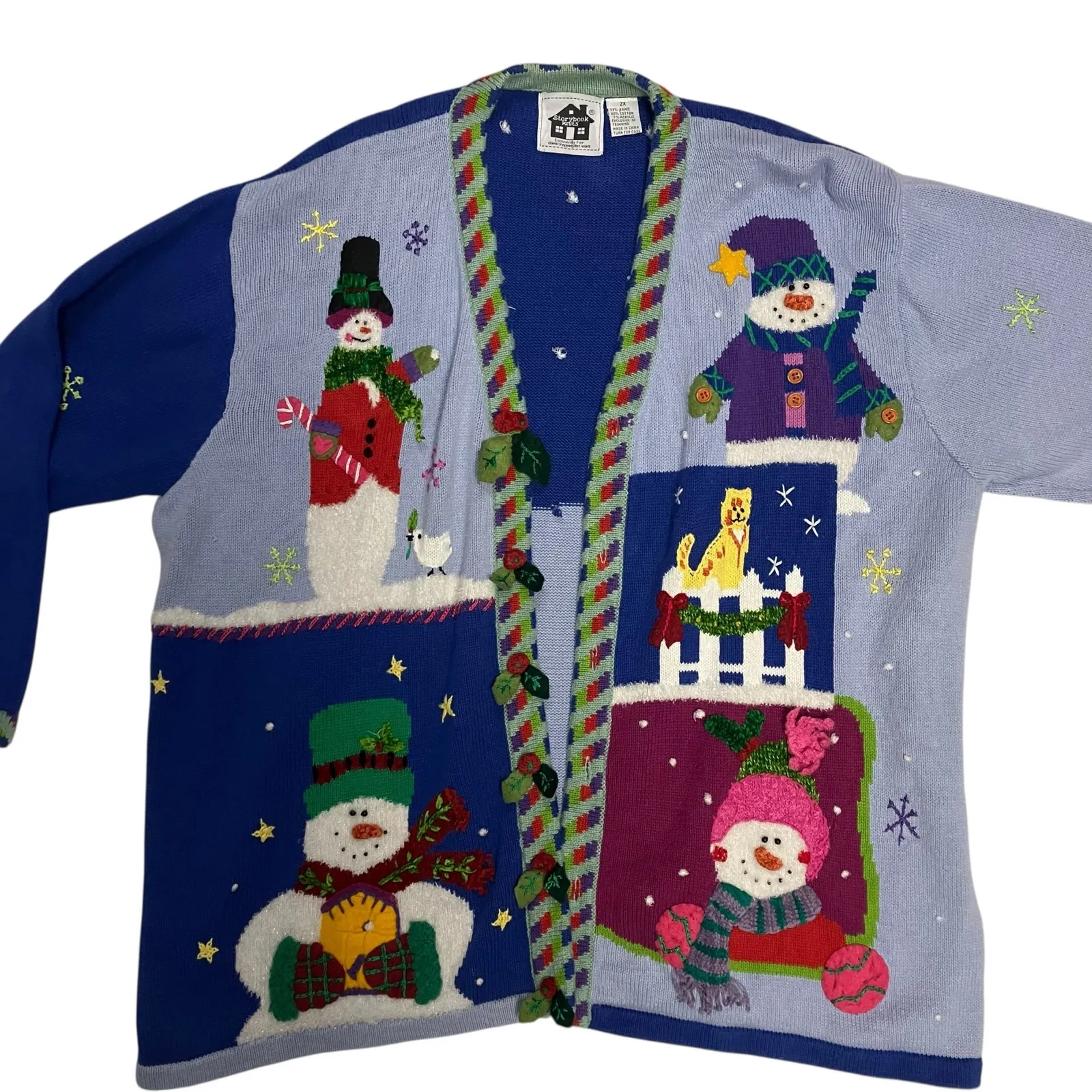 Vintage Storybook Knits Snowman Print Blue Cardigan Size 2X - Image 2