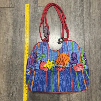 Sally Huss Seahorse Shells Beach Bag Tote‎ Charms Sun Sand Water Colorful Lake Red - Image 8