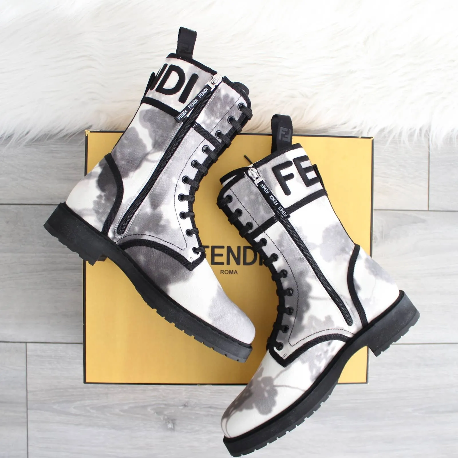 Fendi Tie Dye Grey White Black Outlined Combat Boots - Image 4
