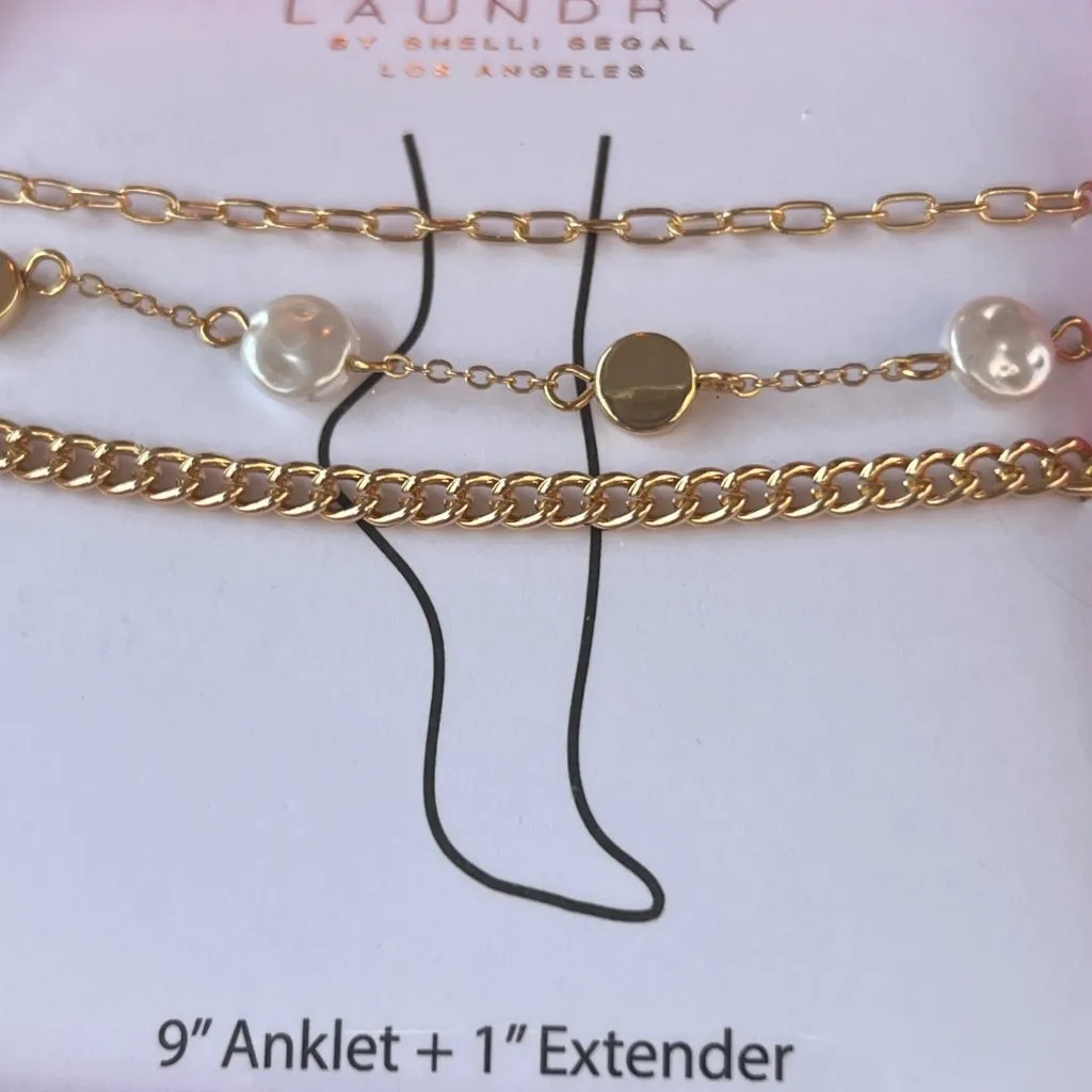 Laundry Shelli Segal Set 3 Gold Chain Anklets Pearl Accents 9" + 1" Extender NEW - Image 3