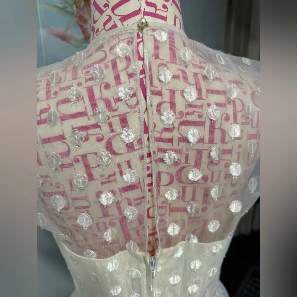 1950s Warren Petites Ivory Polka‎ Dot Tulle Illusion Dress Tea Length Size 6 White - Image 6