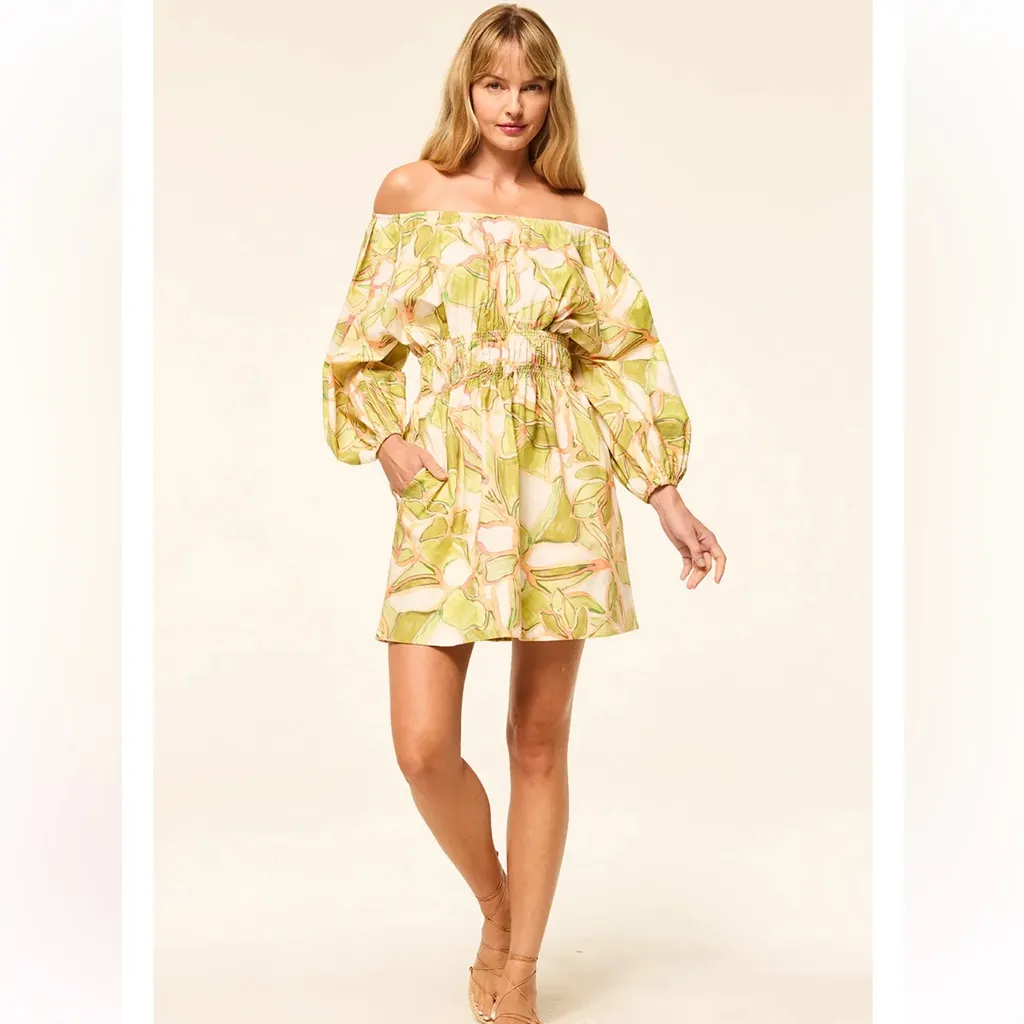 MISA Senia Dress in Chartreuse Abstract Print‎ Mini Puff Sleeves Off Shoulder - Image 2