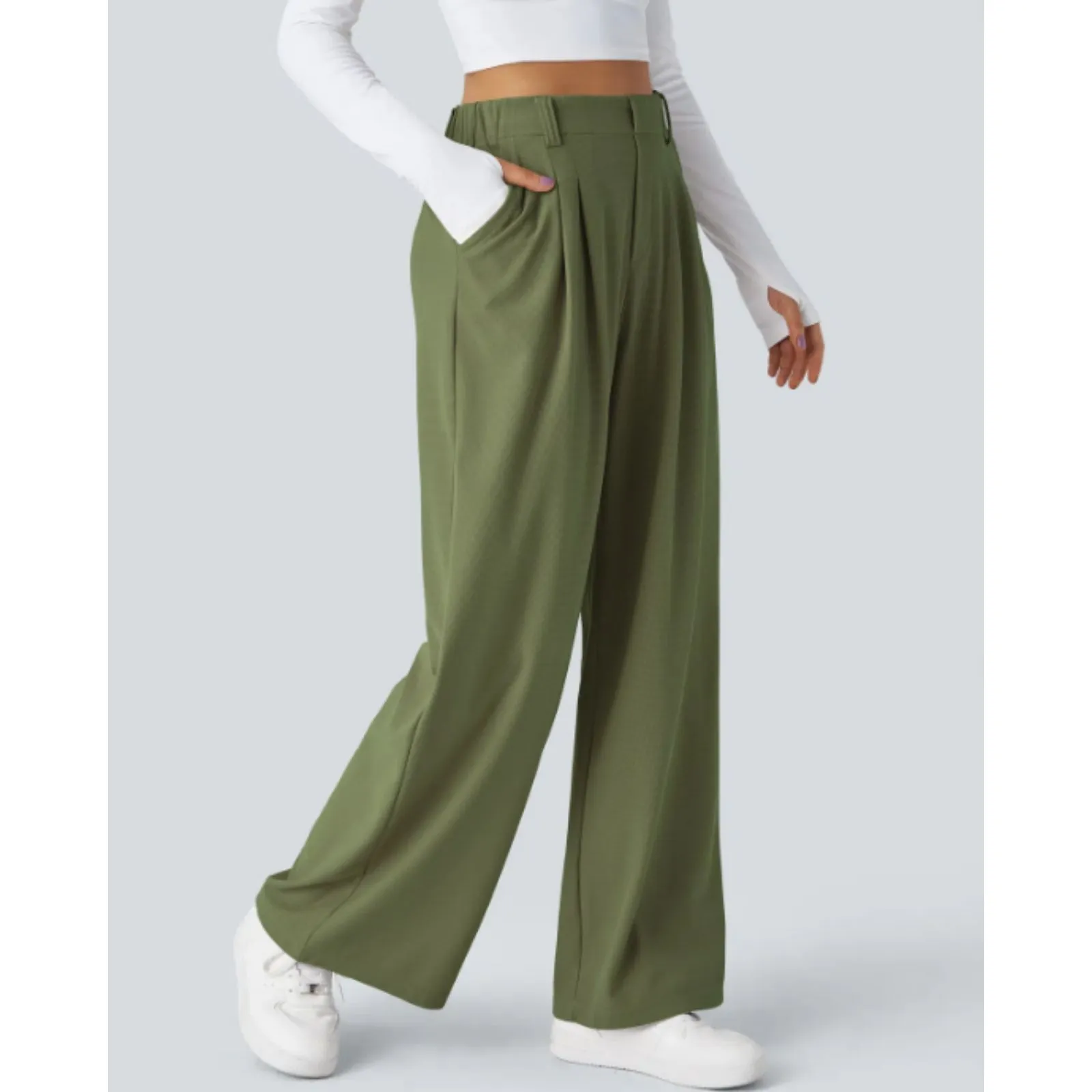 Halara Flex High Waisted Green Wide Leg Waffle Pleated Floor Length Pants Sz M - Image 7