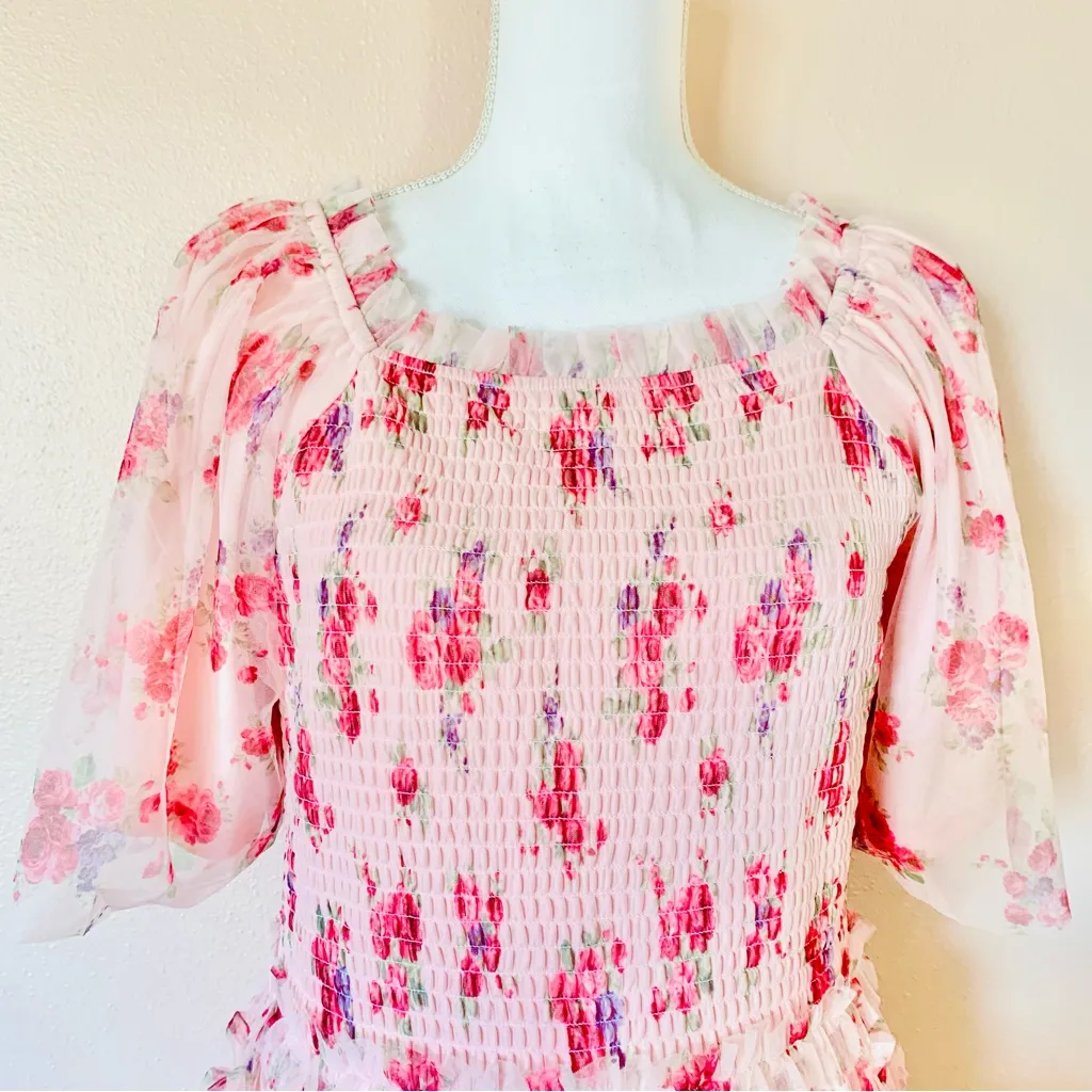 PKC Pink & Purple Smocked Ruffled Tiered Midi Dress. - Image 4