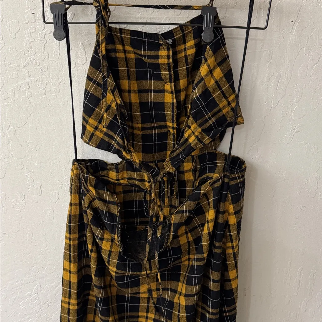 Urban Outfitters Yellow Black Plaid Button Open Back & Sides Midi Dress Size XL - Image 6