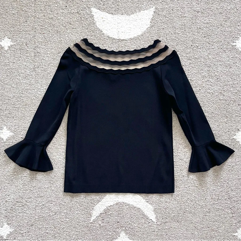 Lucy Paris Zigzag Mesh Boatneck 3/4 Sleeves Wendy Sweater in Black Medium - Image 8