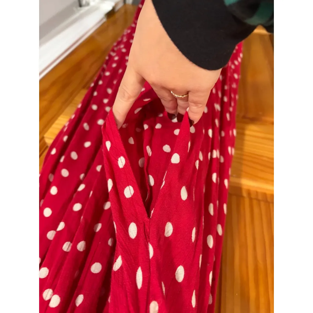 Free People Red White Polka Dot Midi Dress M Smocked Waist Boho Ruffle - Image 3