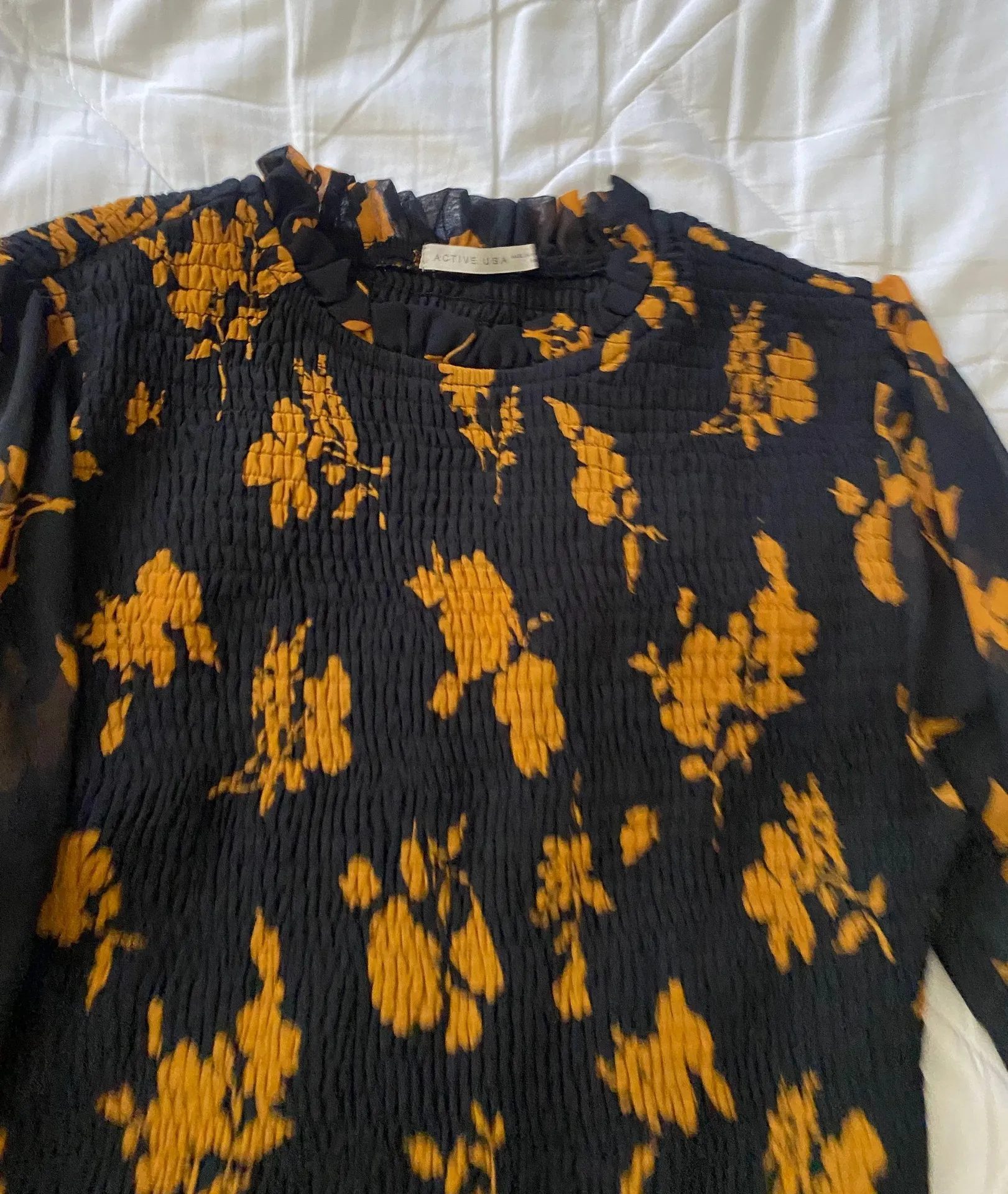 Autumn Black Mini Bodycon Dress With Orange Florals And Puff Sleeves - Image 3