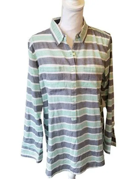Natural Reflections Womens Large Green & Grey Striped Button-Down Shirt - Image 1
