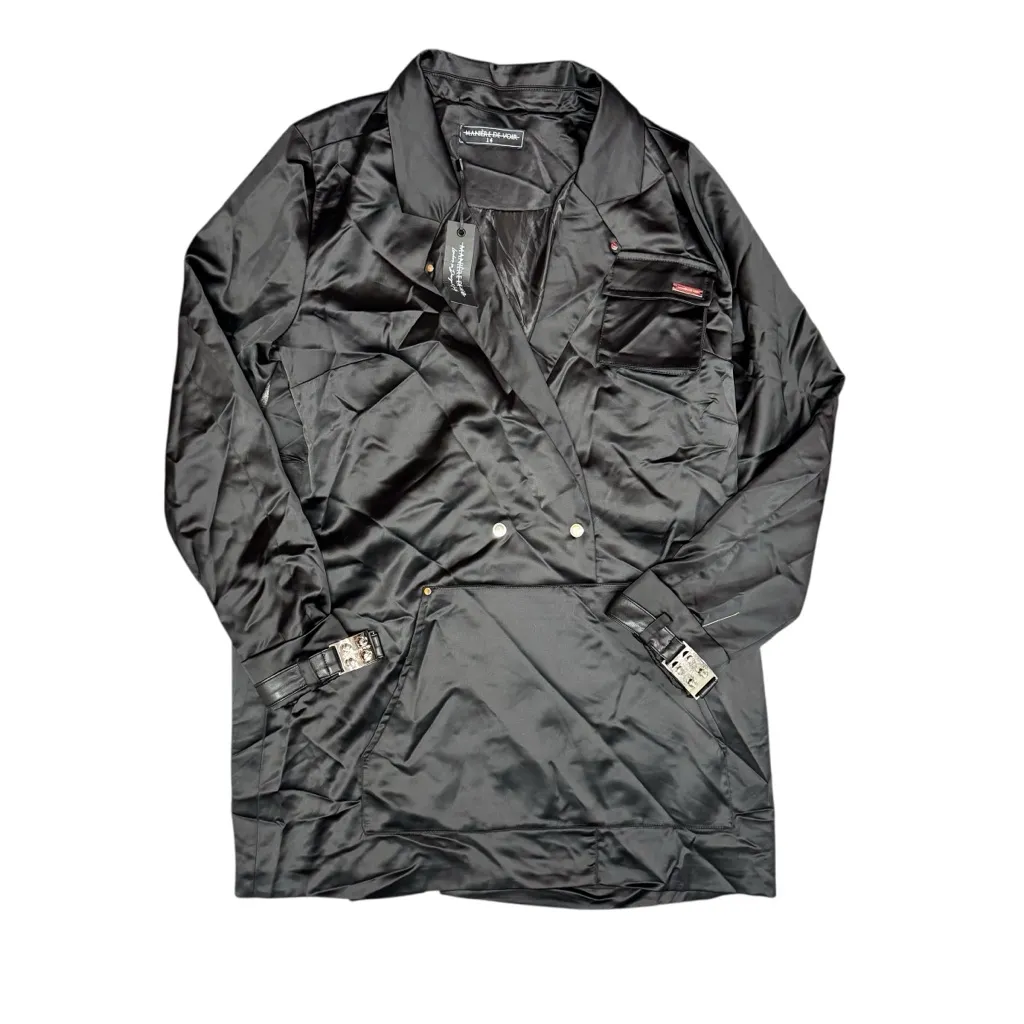 NEW Maniere De Voir Oversized Satin Blazer Long Sleeve Mini Dress Black UK 16 - Image 4