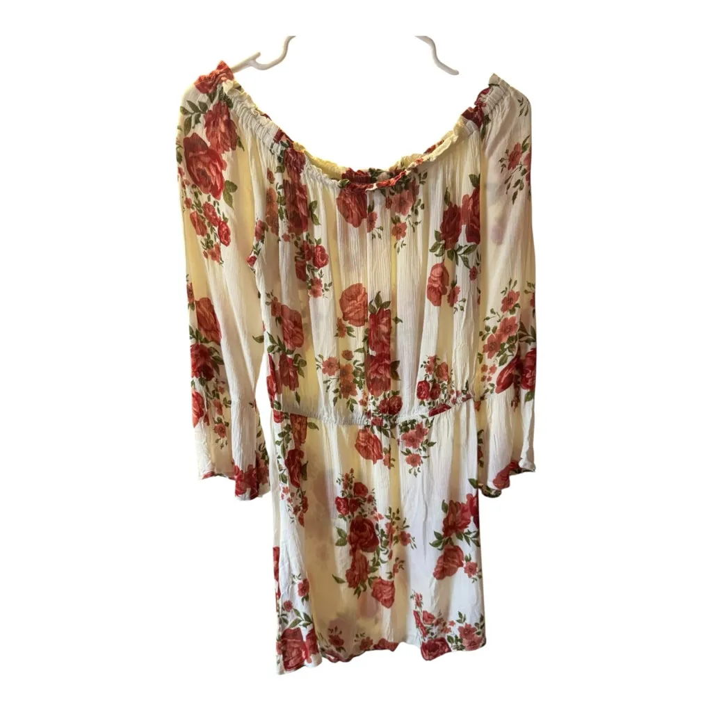 BLUSH Off Shoulder Floral Mini Dress Red Roses Smocked‎ Waist Bohemian Size S - Image 3