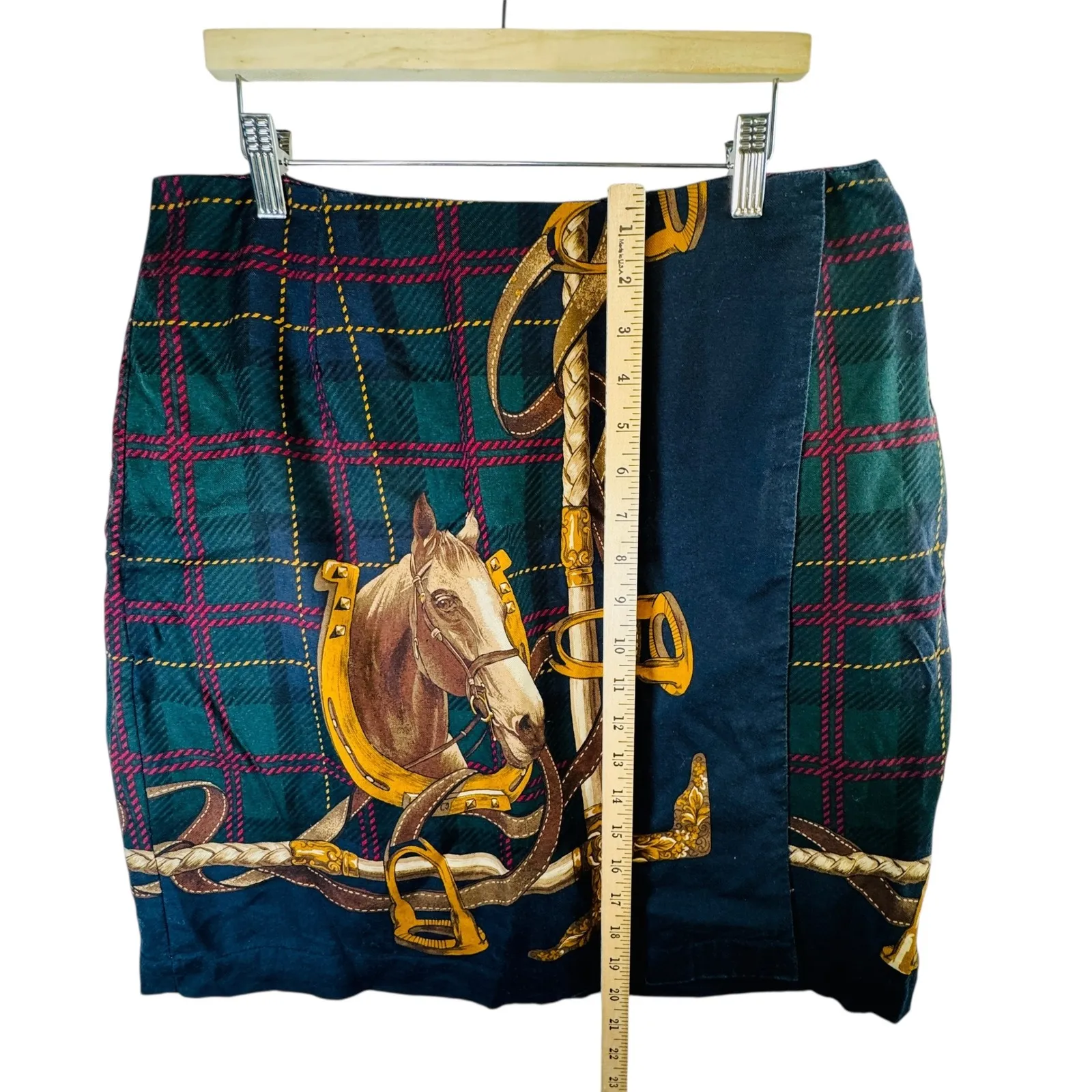 Equestrian Print Skirt Women's L 31" Waist Tartan Horse Handmade Vtg Aesthetic Green Size L - Image 4