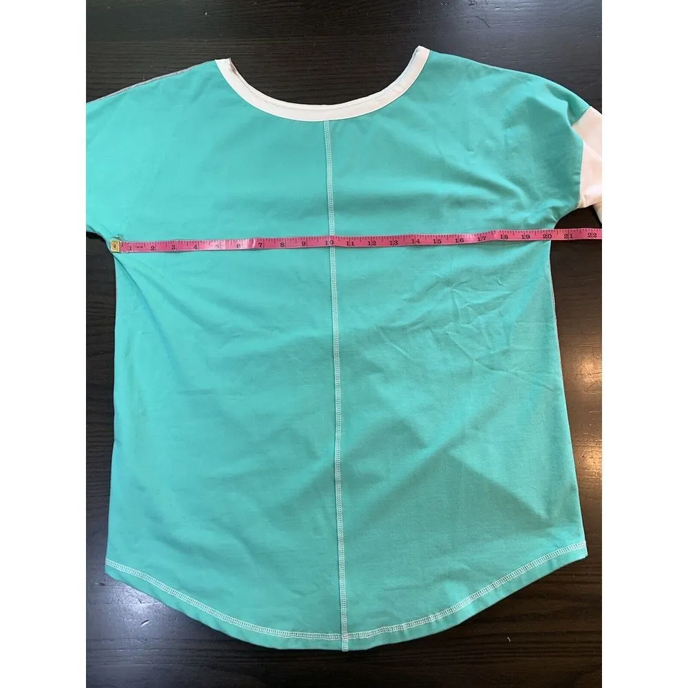 Neon Buddha Shirt‎ Womens Small Turquoise Gray White Color Block Active Top Yoga - Image 10