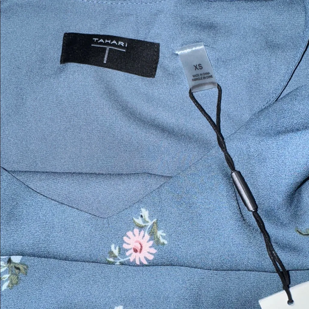 T TAHARI Camisole Blouse Size XS Slate Blue Floral Print Spaghetti Strap Top - Image 6