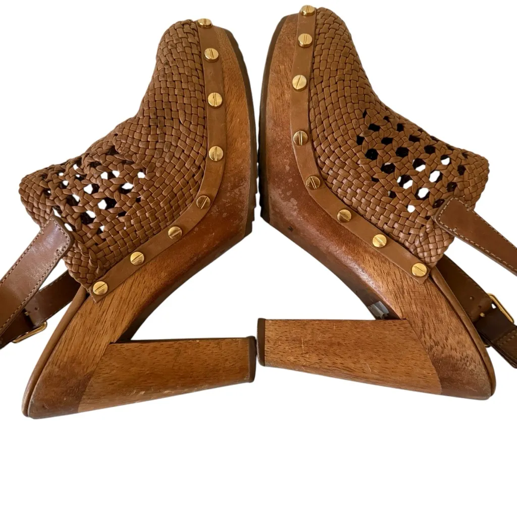 Tory Burch Widdieanne Woven‎ Leather Wood Heel Clog Sandals Women's Size 9 - Image 4