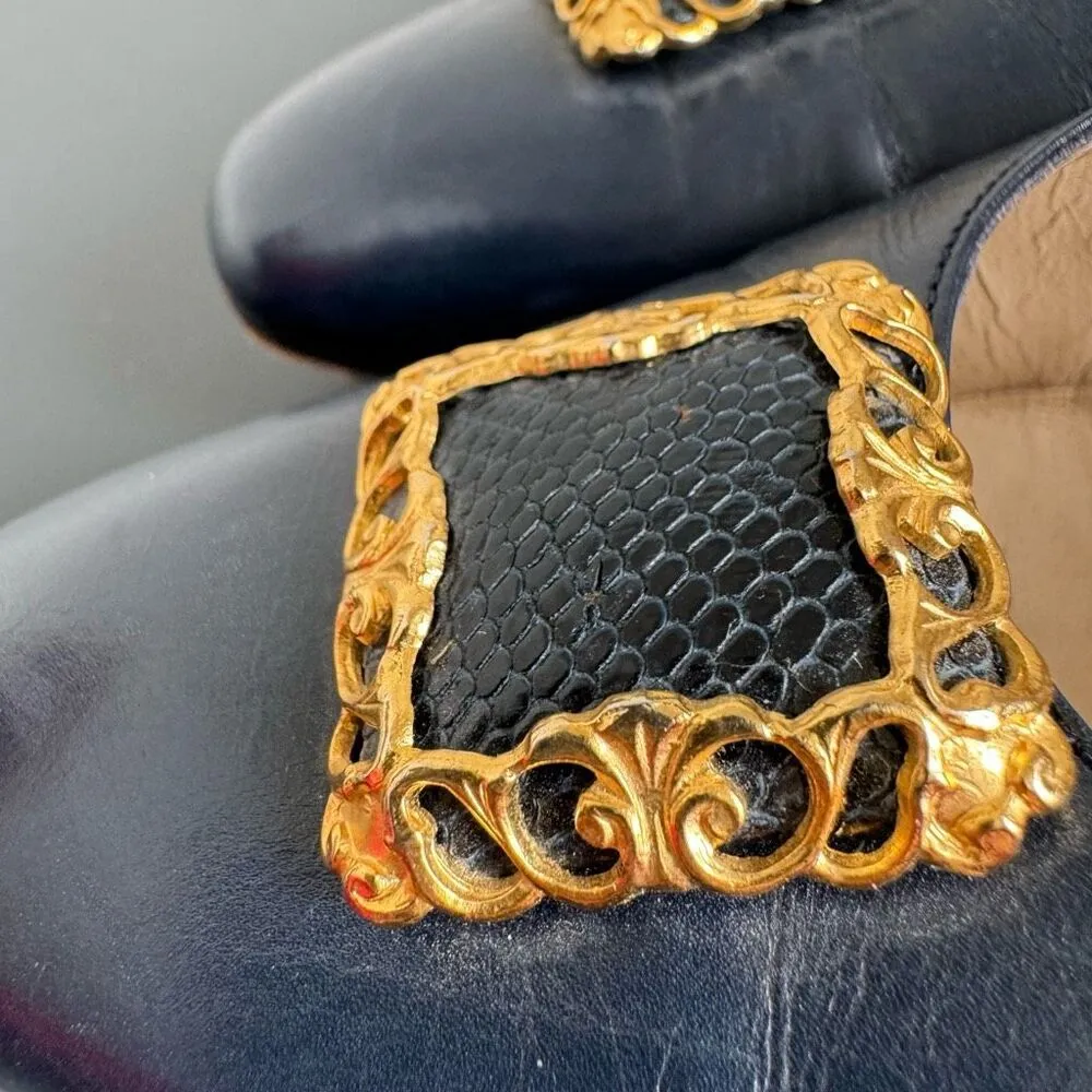 Vintage Salvatore Ferragamo Pumps Heel Leather Navy Blue Size 8 B Career Office - Image 13