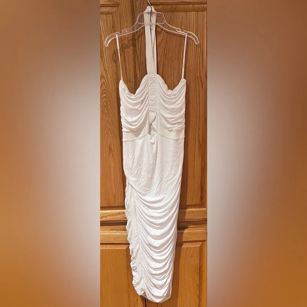 Bailey 44 Maive Halterneck Ruched Bodycon Stretch Midi Dress in White Size Large - Image 10