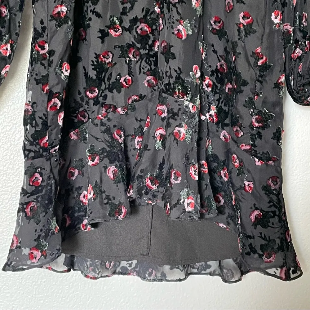 WAYF Brayden Long Sleeve Black with Red Roses Embroidered Velvet Dress Medium - Image 10