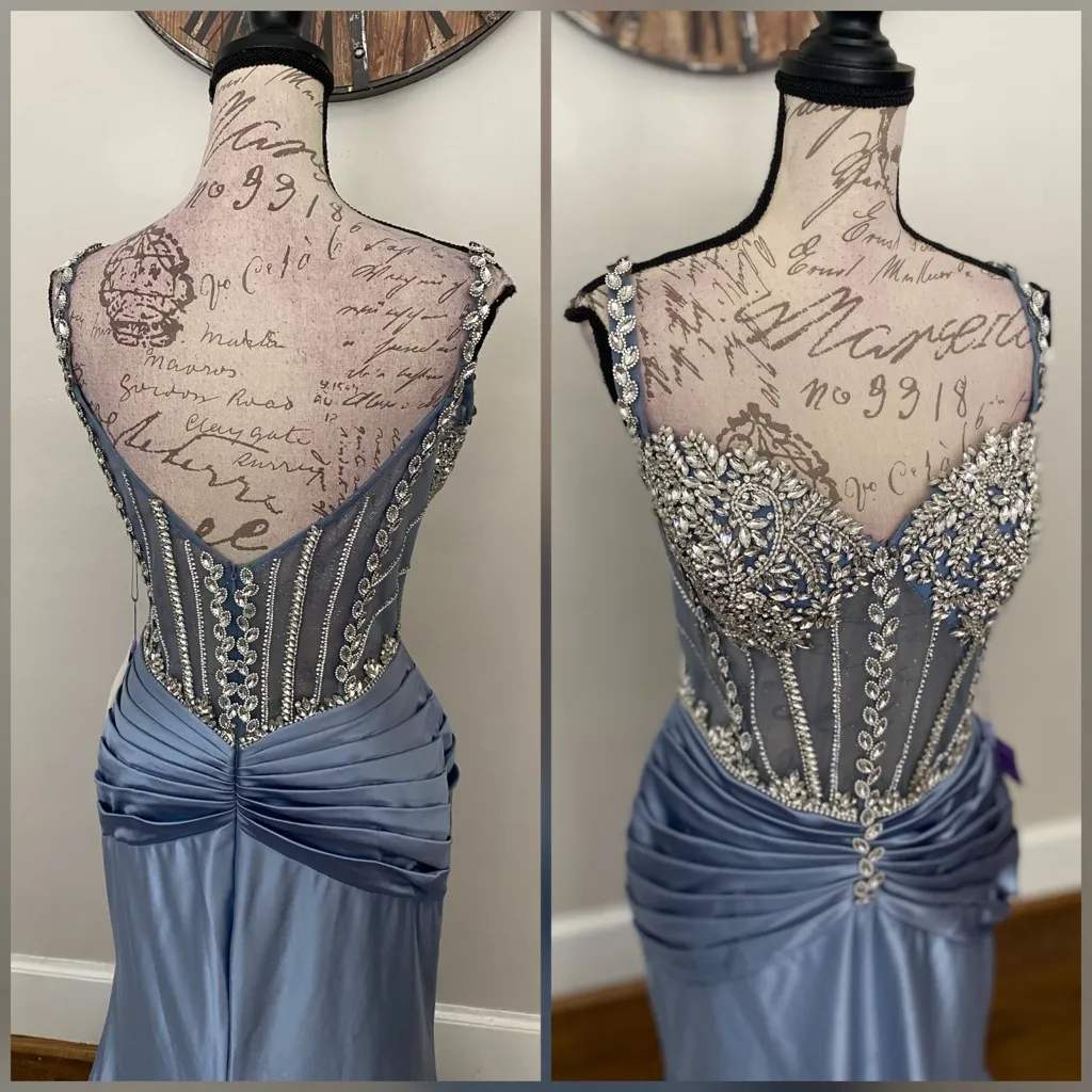 Dusty light blue crystal corset prom dress, formal dress or evening gown - Image 3