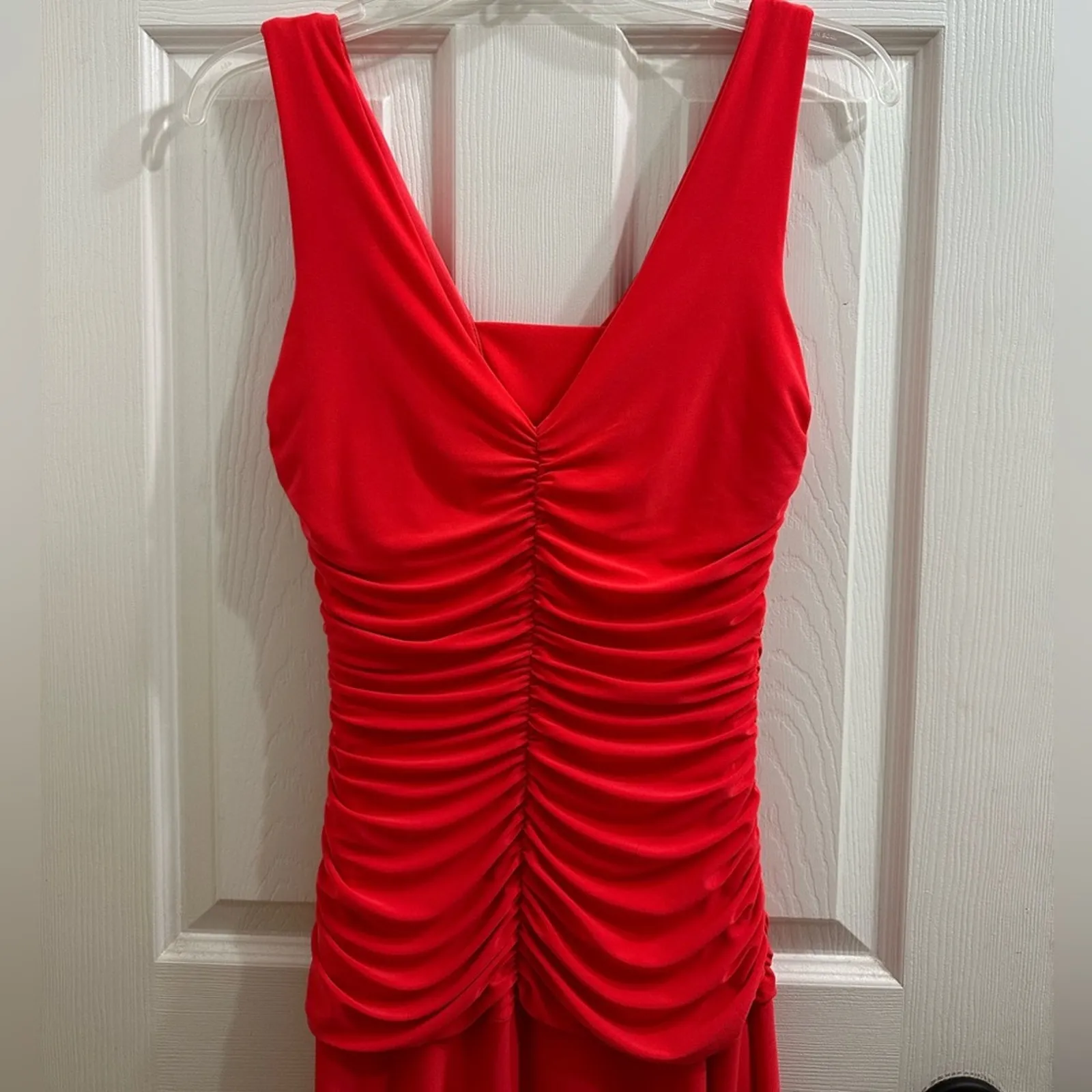 Night Way Bright Coral Gathered Stretch Cowl Neck Formal Maxi Dress 8 Draped Orange - Image 7