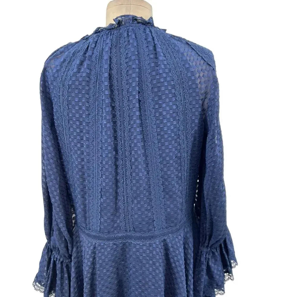 Alice + Olivia Joanne Mini Dress Lace Trim Ruffle Tiered 3/4 Sleeve Blue Size 2‎ - Image 12