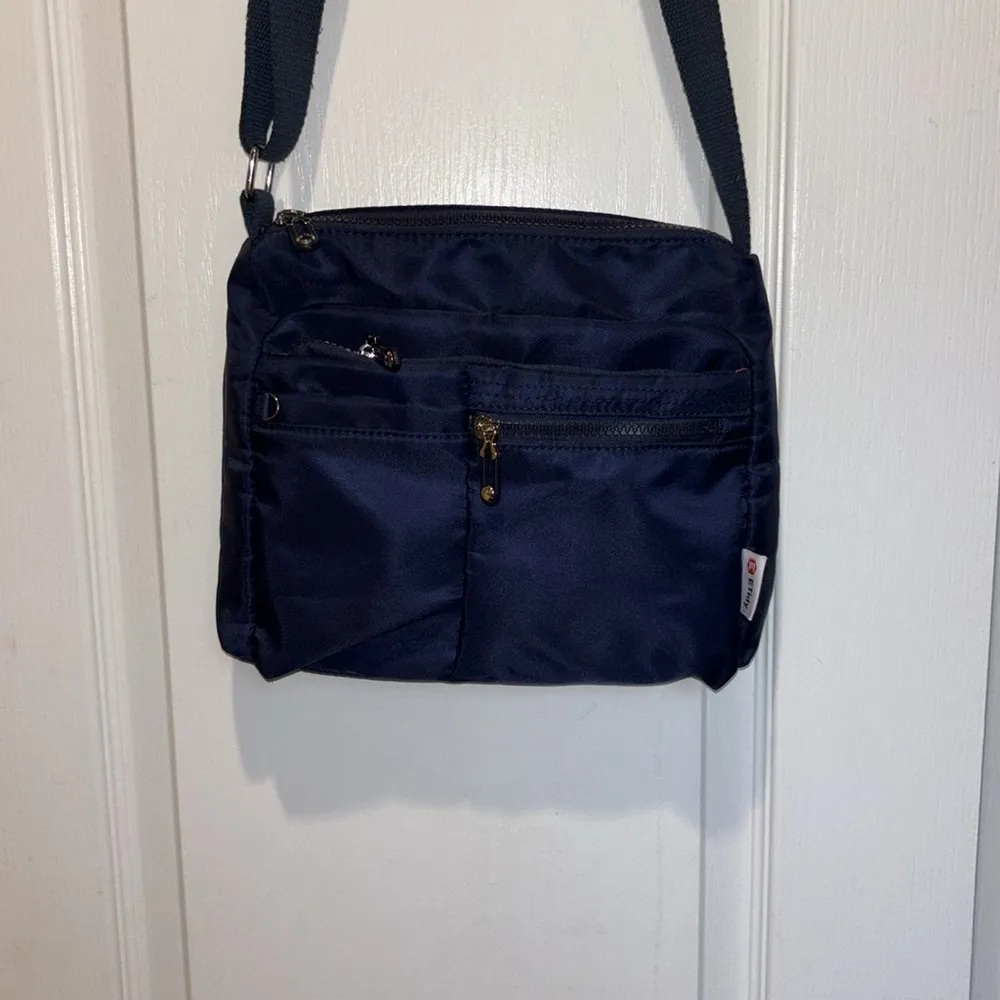 ETIDY BRAND NAVY BLUE NYLON CROSSBODY ADJUSTABLE STRAP ORANGE NYLON INTERIOR - Image 2