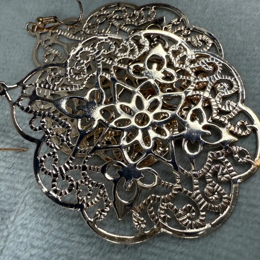 Floral Statement Dangle Earrings 2 Pair Pierced Hooks Silver & Gold - Image 12