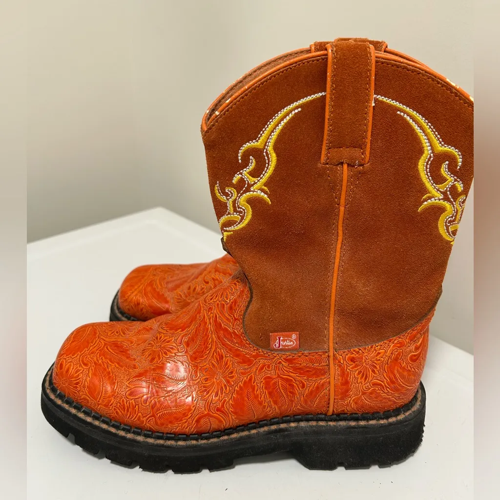 Justin Orange Cowboy Boots Size 8 - Image 5