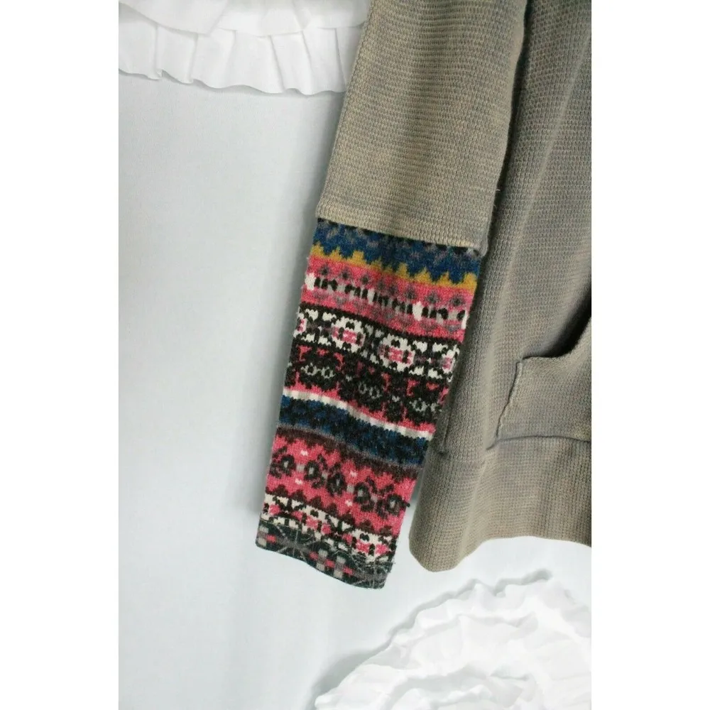 Others Follow Green Gray Hoodie Zip Waffle knit Thermal Fair Isle Trim Size XS - Image 4