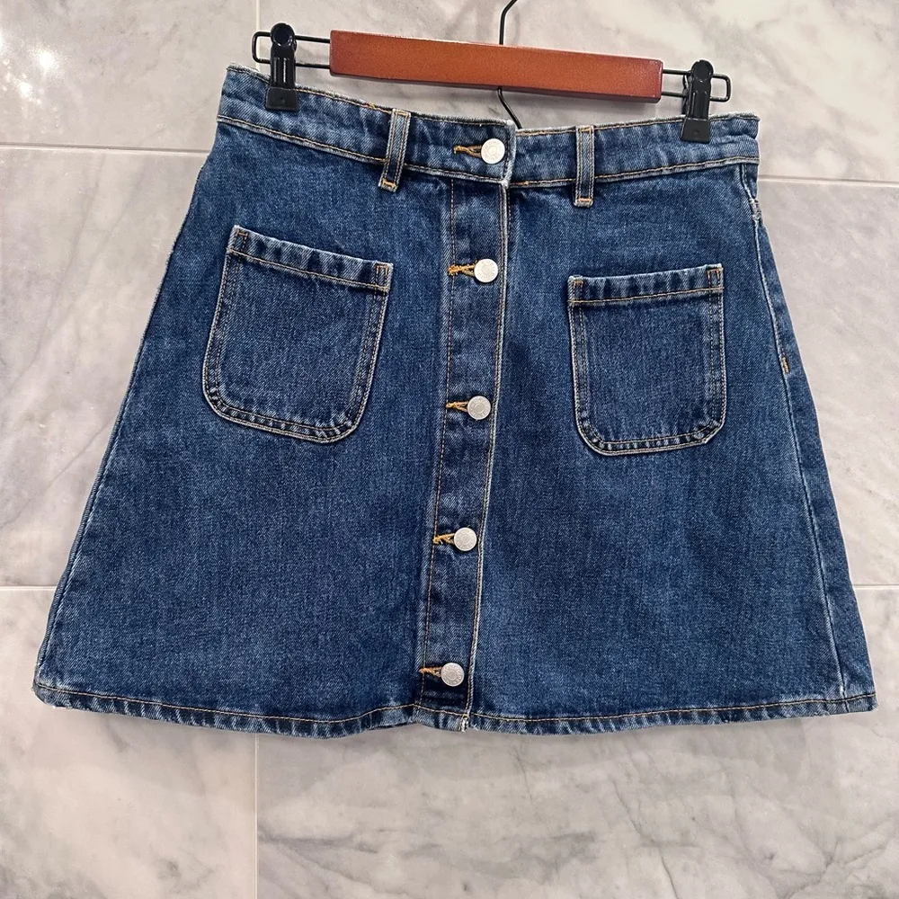 ASOS Monki denim button through mini skirt in mid-blue wash 38 /6 - Image 2