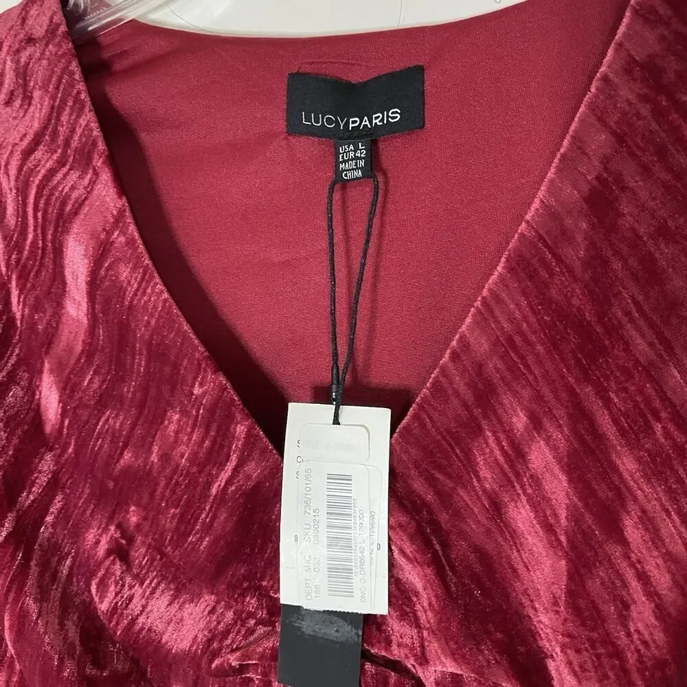 NEW! Lucy Paris Cranberry red velvet long sleeve v-neck midi dress Large - Image 4