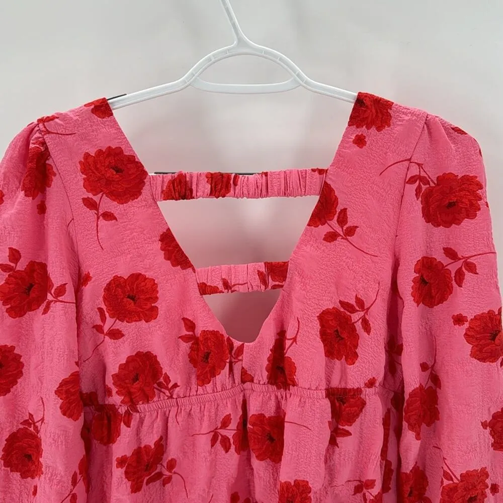 Crystal Doll Floral Puff Sleeve Mini Dress pink Barbie feminine sexy versatile S - Image 5