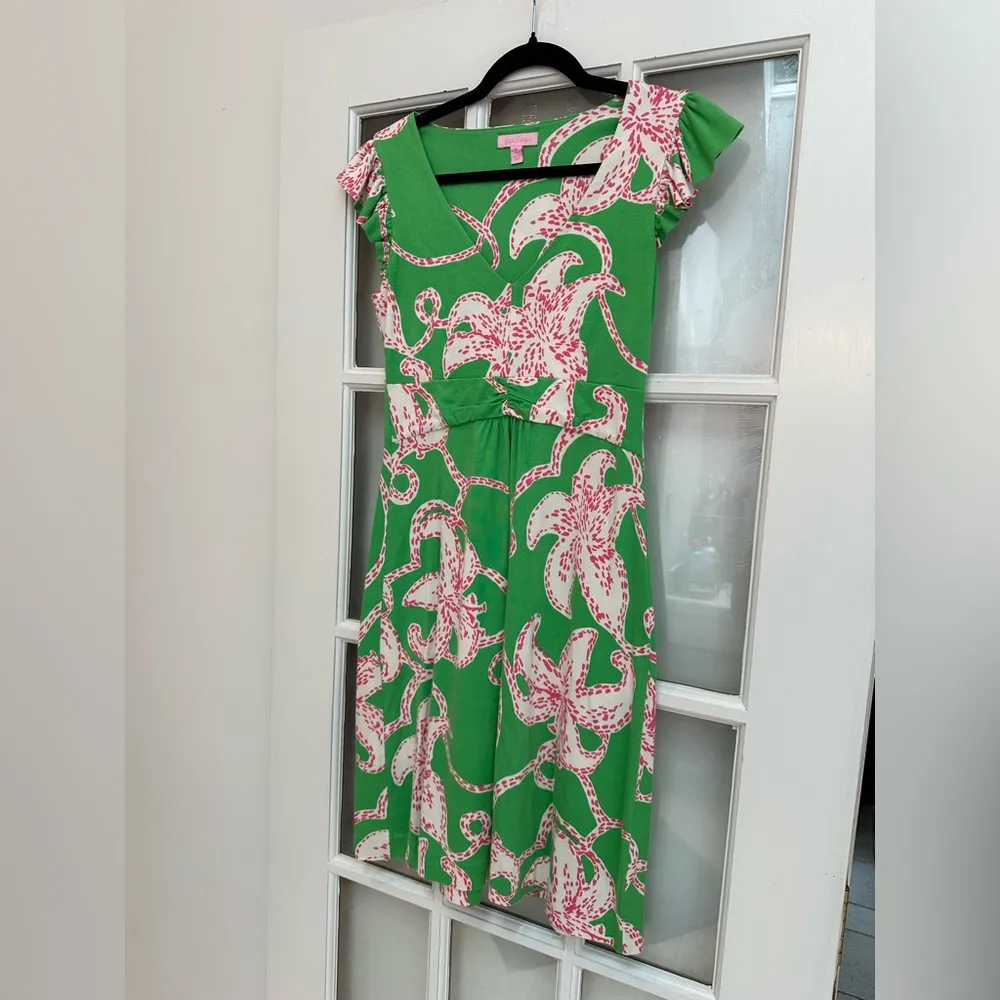 Lily Pulitzer Silk Cotton Green & Pink Hibiscus Floral Sundress Size XS - Image 4