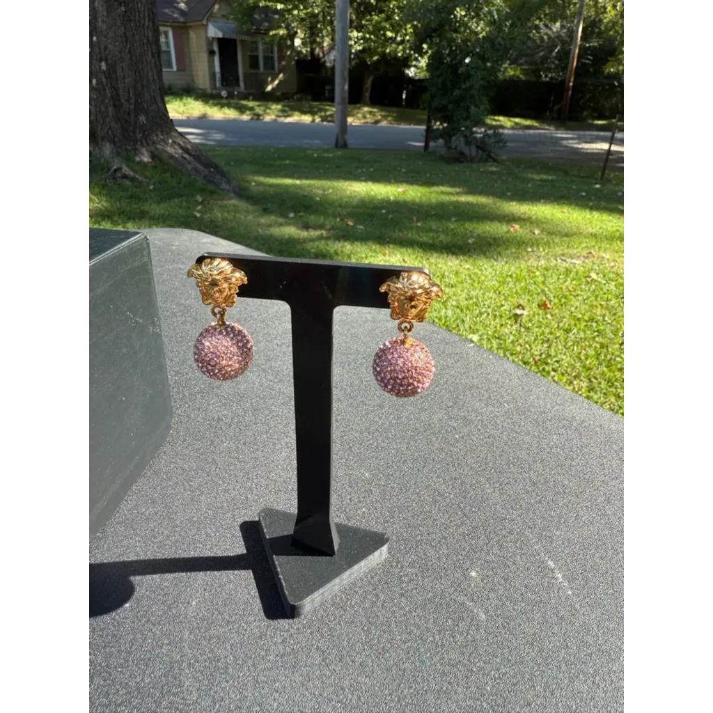 Versace Gold Medusa Pierced Earrings w/Rose Gold Crystal Encrusted Balls - Image 8