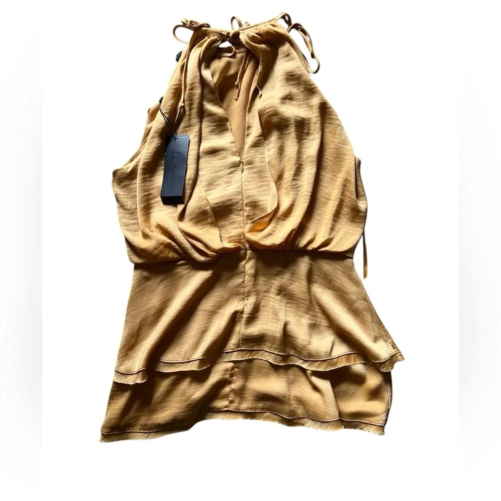 BCBGMAXAZRIA   Gold Layered Halter Top Blouse | Small NWT - Image 2