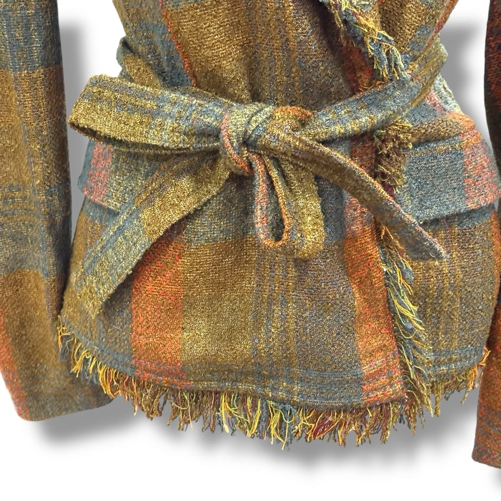 Anthropologie Cartonnier Size 0 XS Plaid Wrap Fringe Tweed Jacket Blazer - Image 5