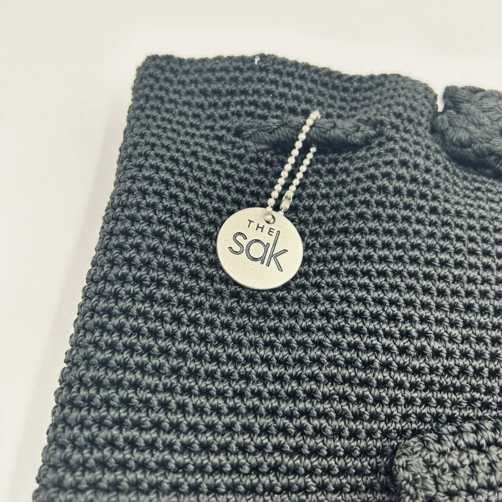 The Sak Black Hobo Crochet Drawstring Backpack Bag Purse Vintage 11" x 14" - Image 4