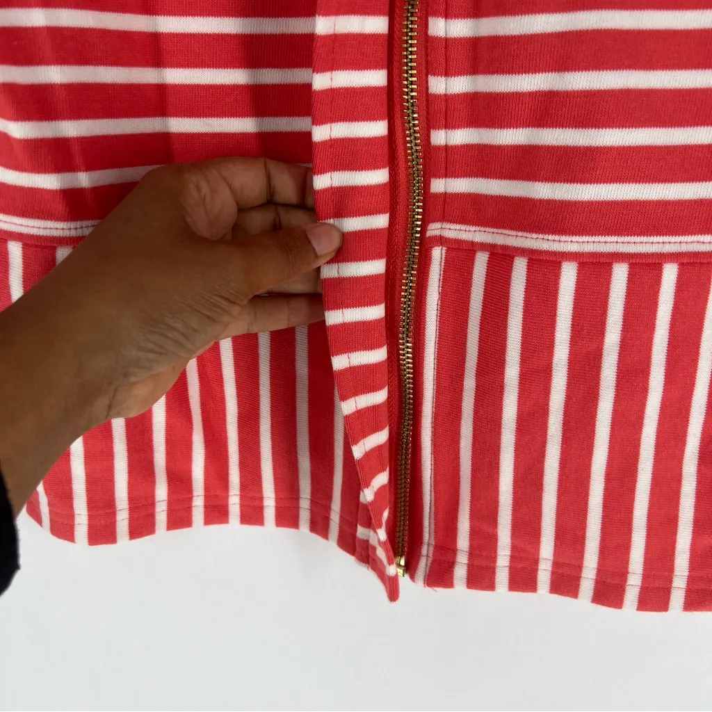 C Wonder Coral & White Striped Zip Front 3/4 Sleeve Collarless Round Neck Jacket - Image 6