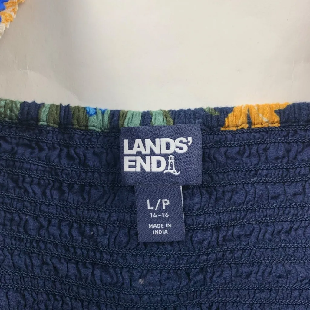 Lands End Tropical Floral Smocked Bodice Puff Sleeve Dress L - Image 4