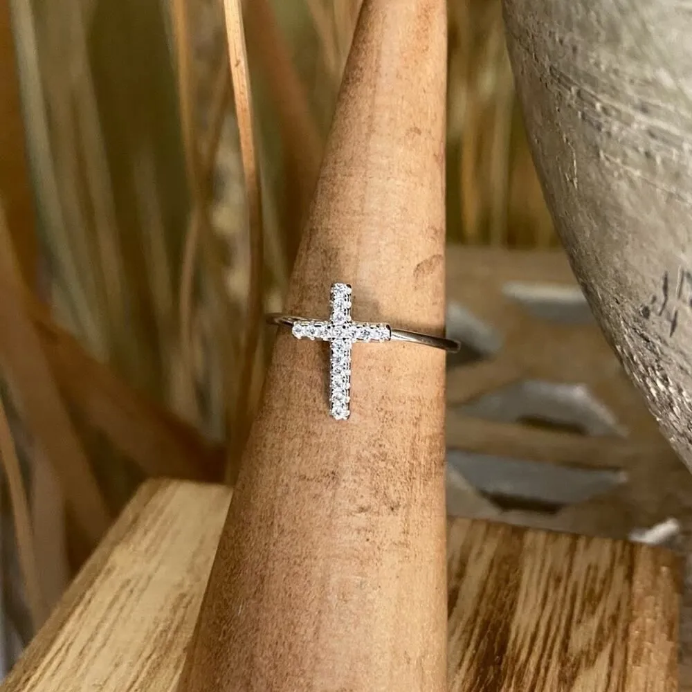 White Gold Sterling Silver Cross CZ Ring sizes 4,10 - Image 5