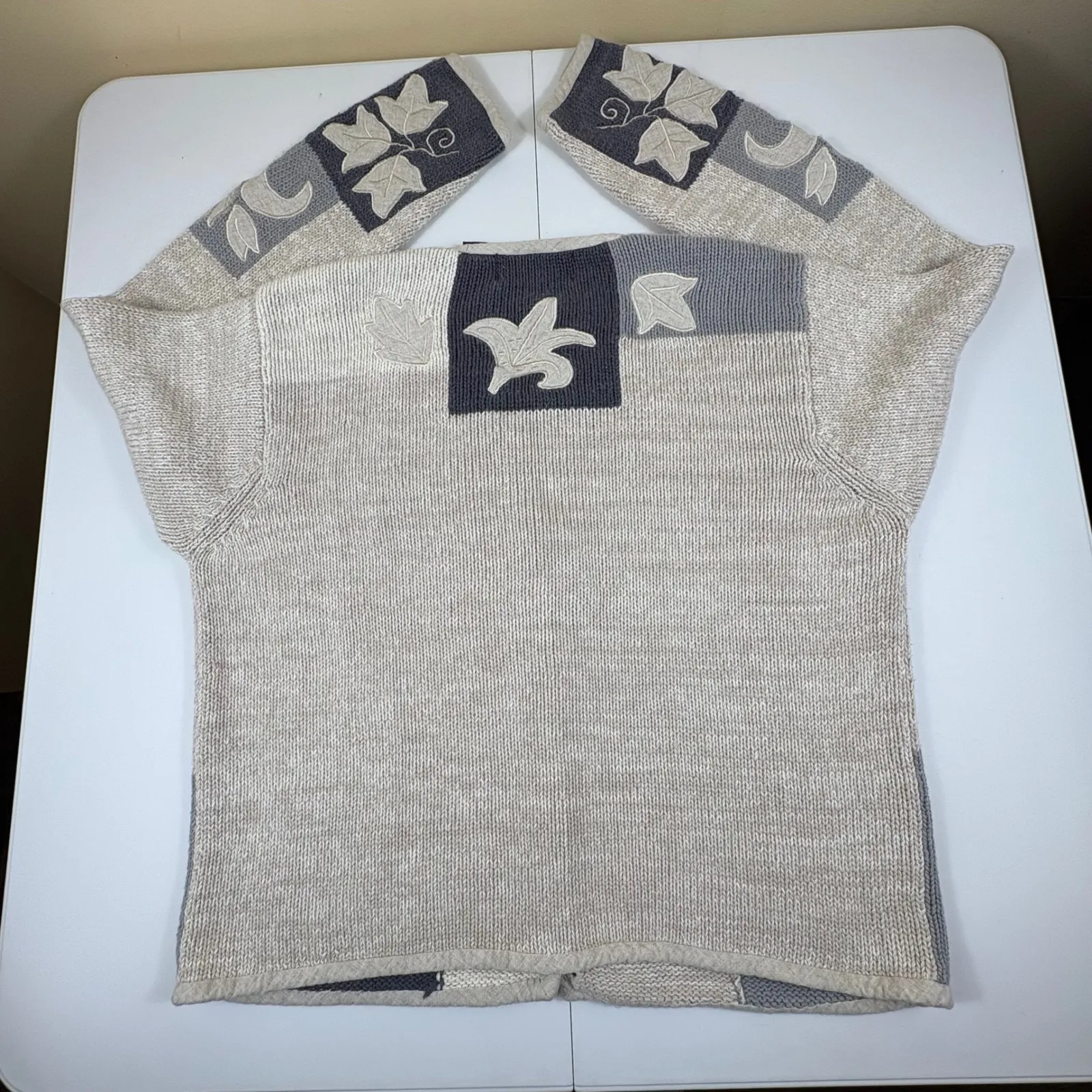 Vtg ORVIS Womens Patchwork Leaf Cardigan Sweater L Gray Button Front‎ Knit Y2K - Image 13