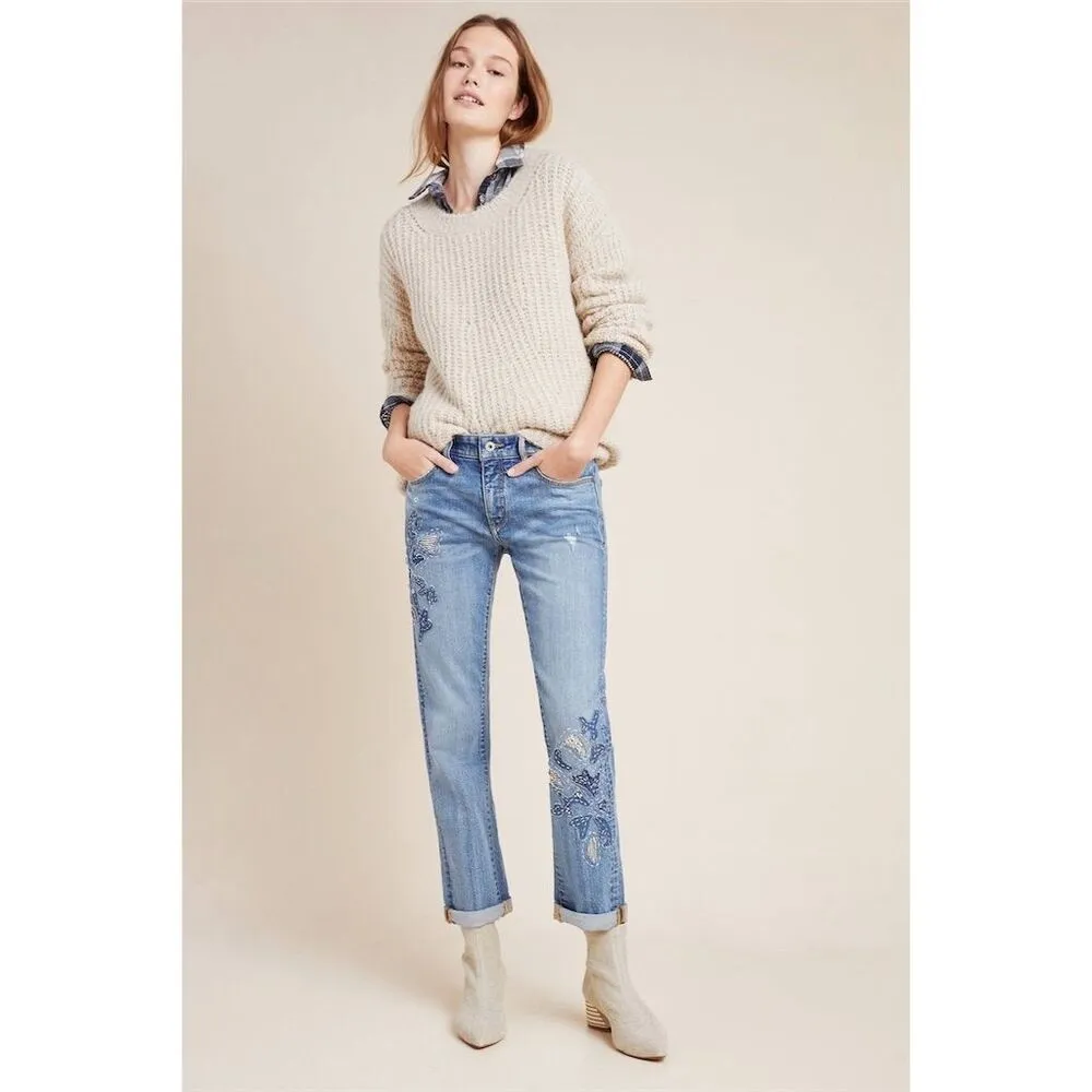 Anthro Pilcro Slim Boyfriend Embroidered Patchwork Floral Jeans Size 28 - Image 2