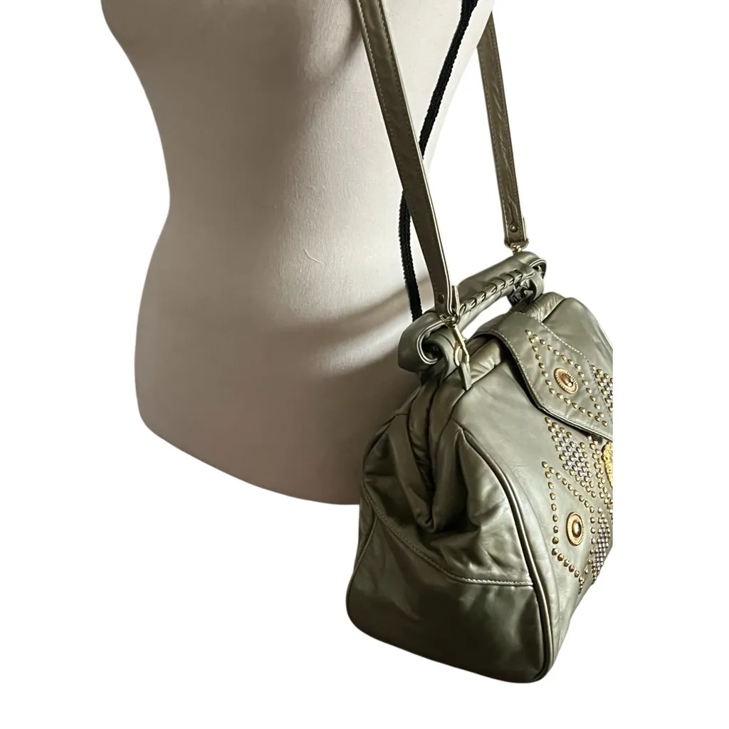 Sage Green Gold Studded Lion Head Genuine Leather USA Crossbody Handbag - Image 6