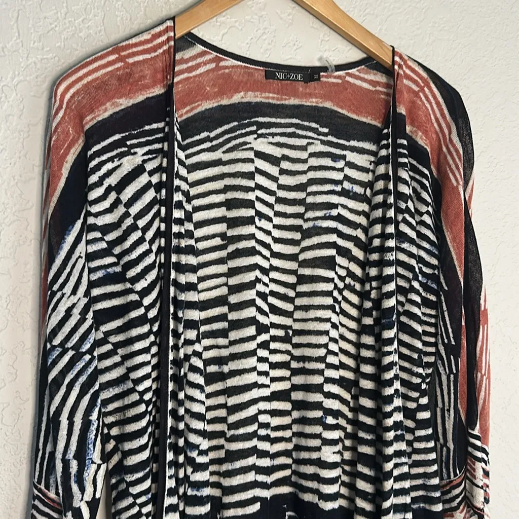 NIC+ZOE Blue White Stripe Linen Sweater Cardigan Artsy Coastal Nautical Preppy - Image 2