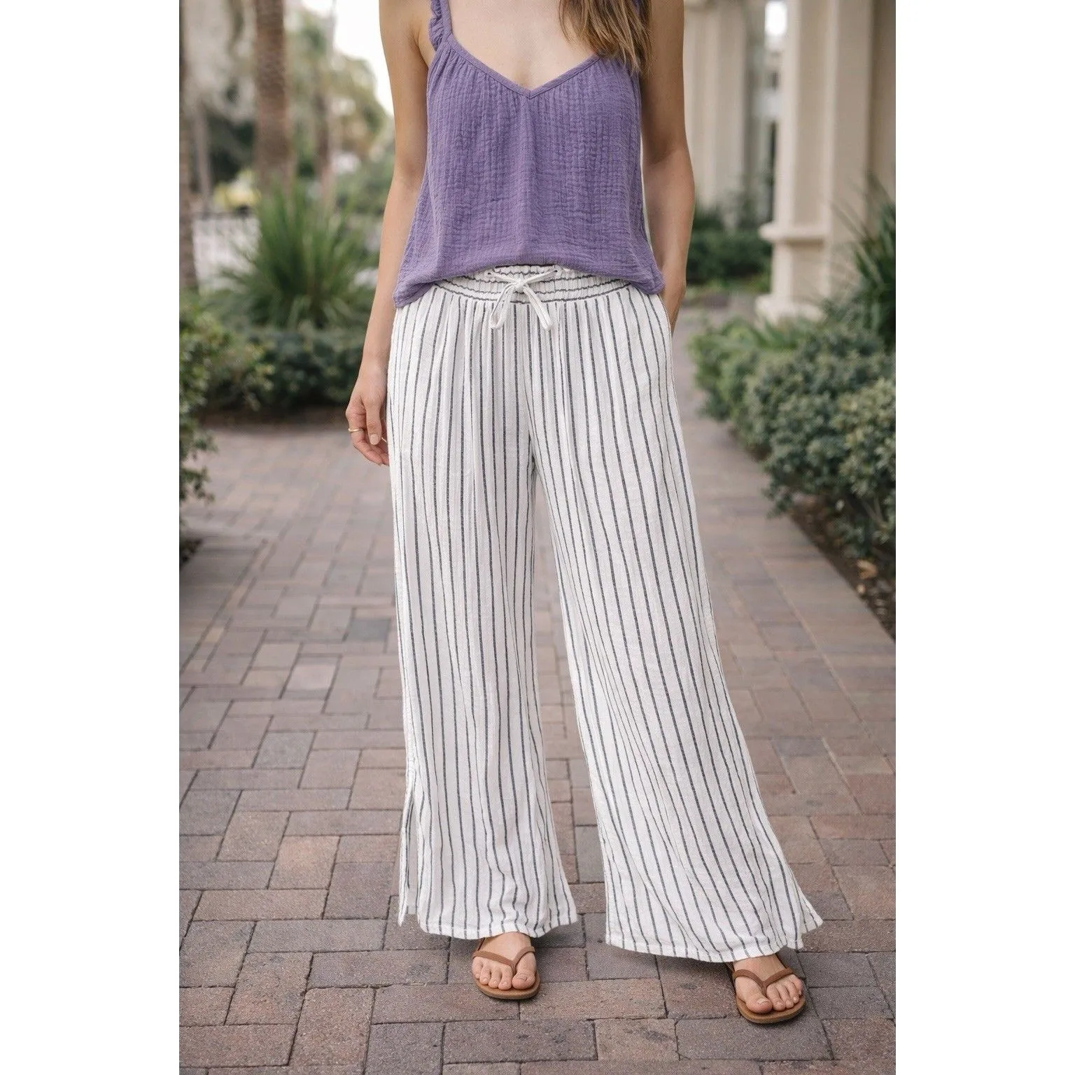 Salty Lemon Anthro Wide Leg Pants Size S White Blue Stripes Beachy Casual - Image 2