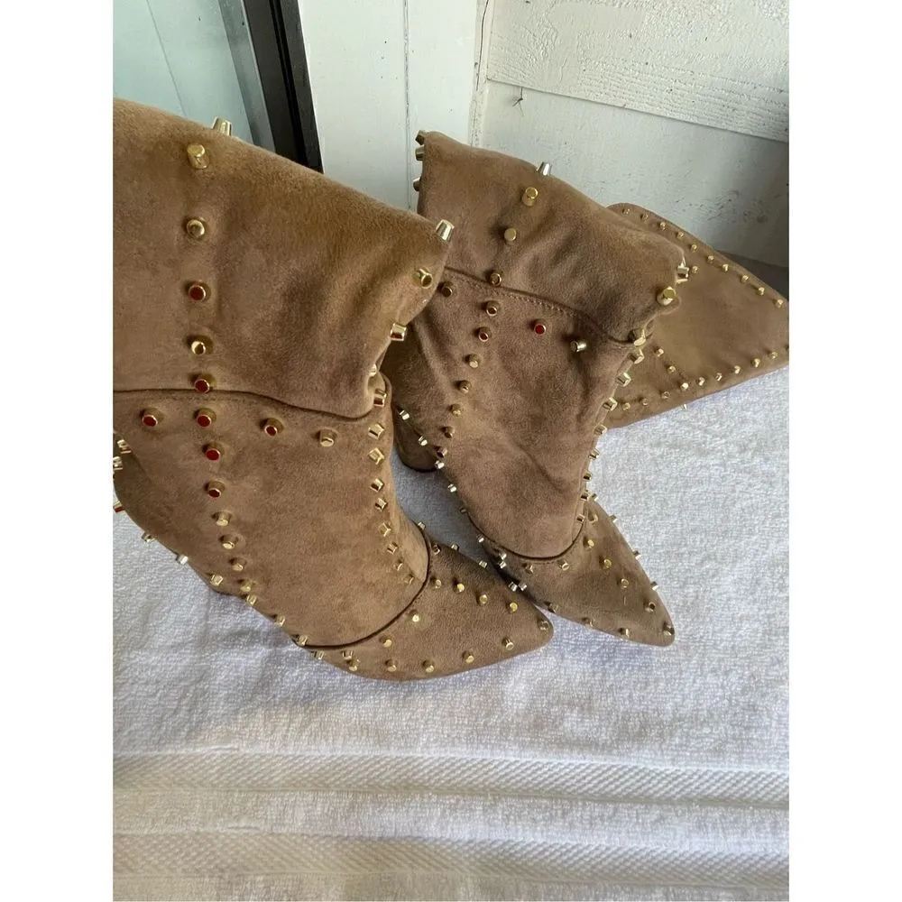 New Venus Faux Suede Studded Over the knee Taupe Boots - Image 14