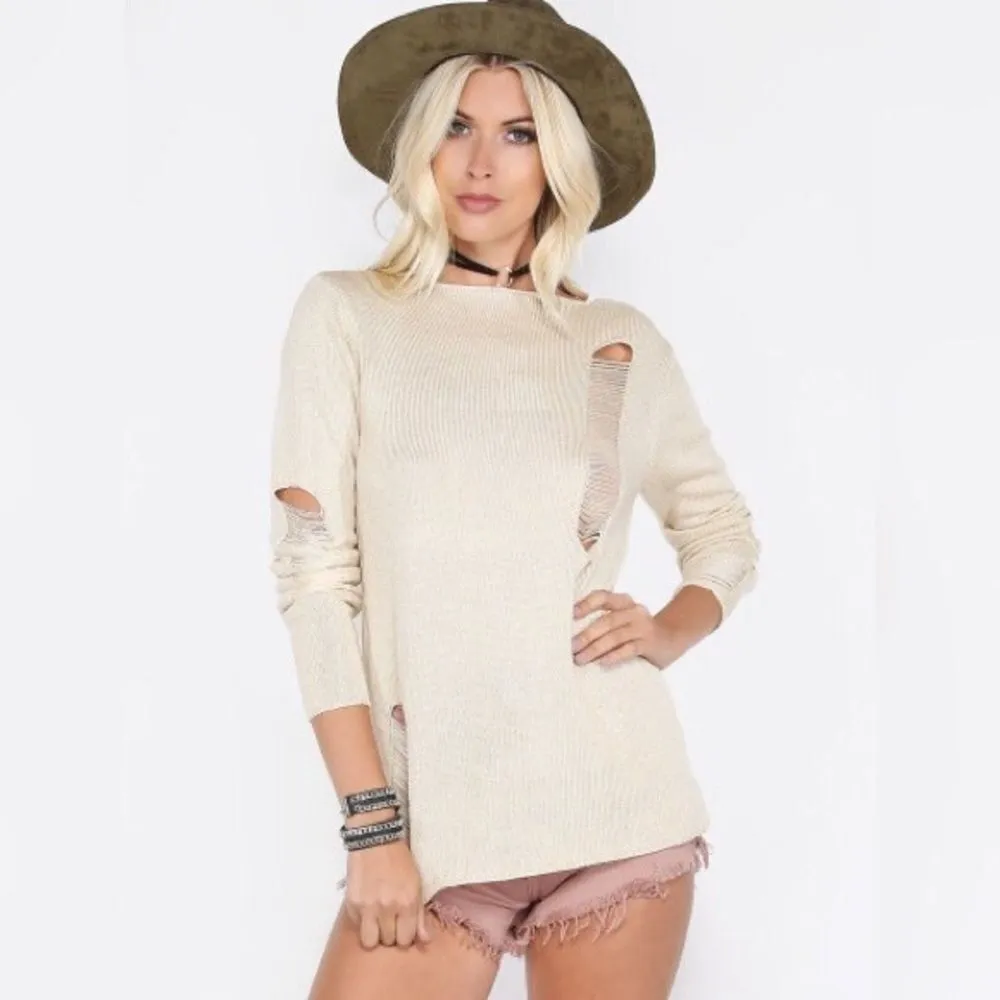 ✨HP✨Apricot Boat Neck Scoop Back Ripped Sweater✨ Pink Size undefined - Image 2