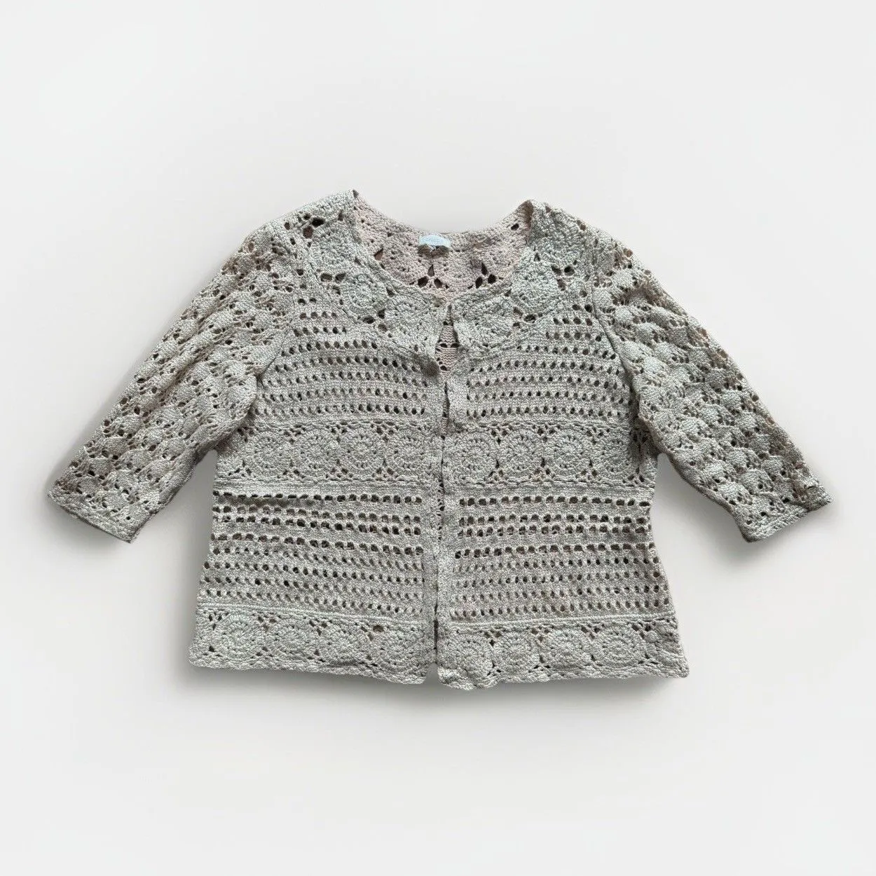 Chicos Crochet Cardigan 3/4 Sleeve Galina Glimmer Champagne Size 2 XL - Image 3