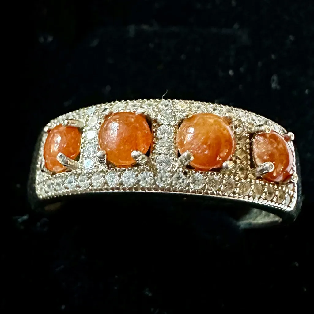 925 sterling silver amber stone crystal diamonds paved adjustable ring new in 🎁 Orange - Image 2