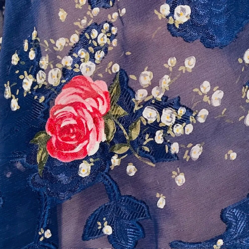 Vintage 90's Floral Slip Dress Lace Trim Rose Accent Babydoll & Robe Set L/XL Blue Size L - Image 7